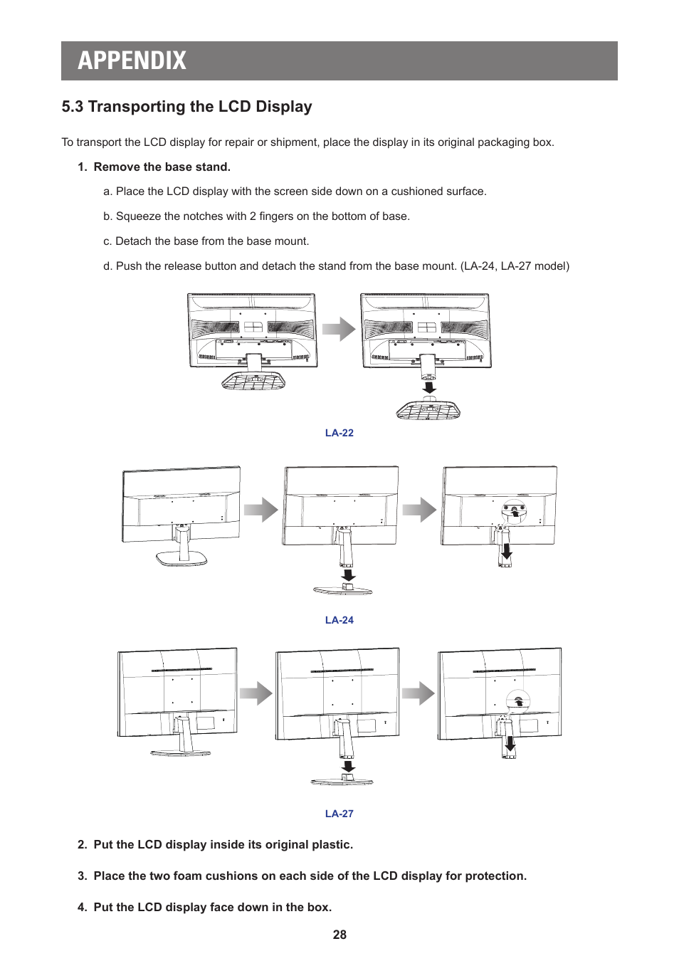 3 transporting the lcd display, Appendix | AG Neovo LA-27 27" 16:9 Eye-Care VA Monitor User Manual | Page 28 / 32