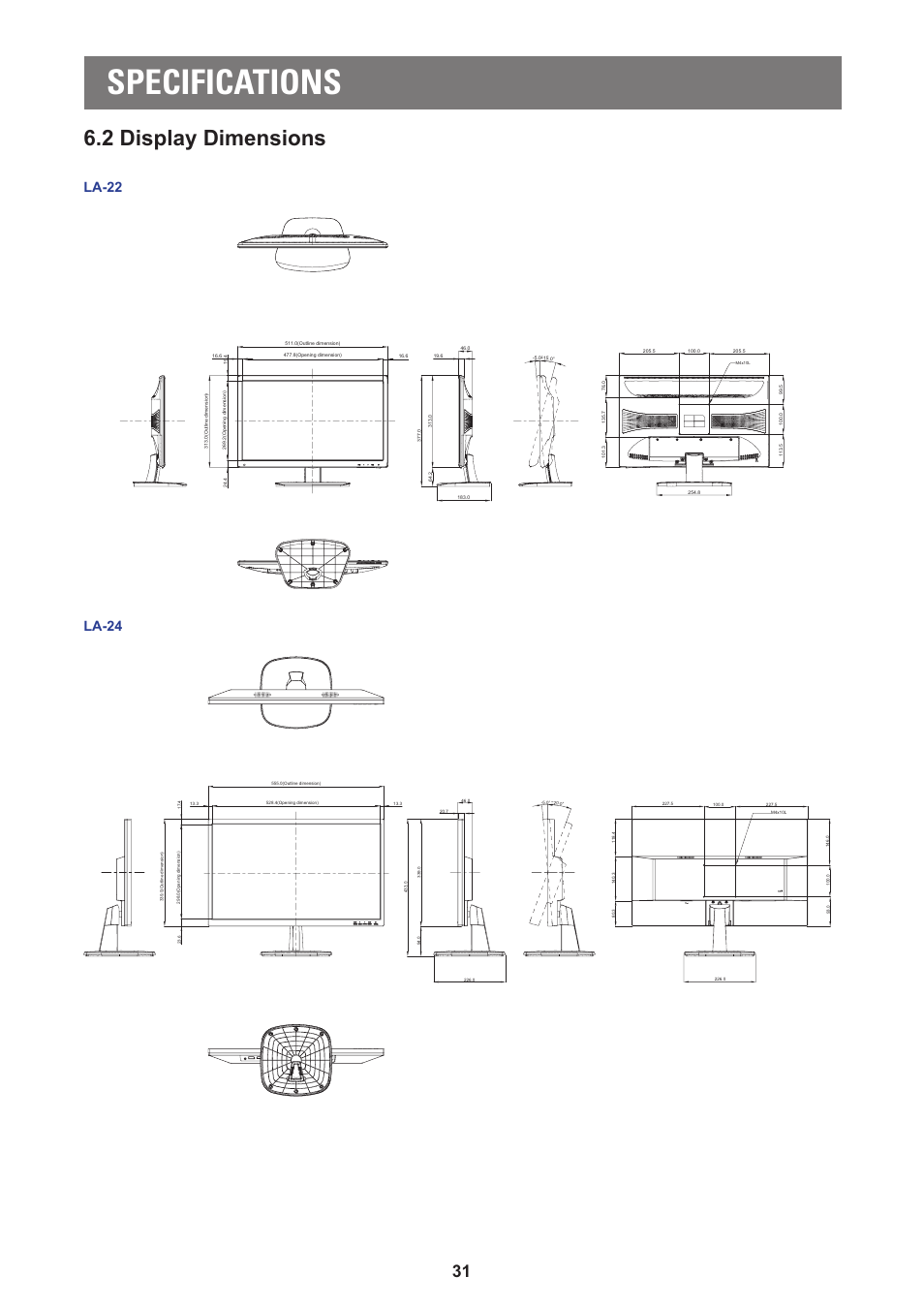 2 display dimensions, Specifications, La-22 | La-24 | AG Neovo LA-27 27" 16:9 Eye-Care VA Monitor User Manual | Page 31 / 32