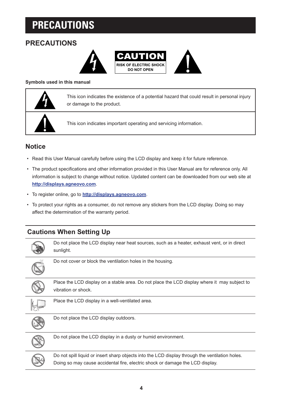 Precautions, Notice cautions when setting up, Caution | Notice, Cautions when setting up | AG Neovo LA-27 27" 16:9 Eye-Care VA Monitor User Manual | Page 4 / 32