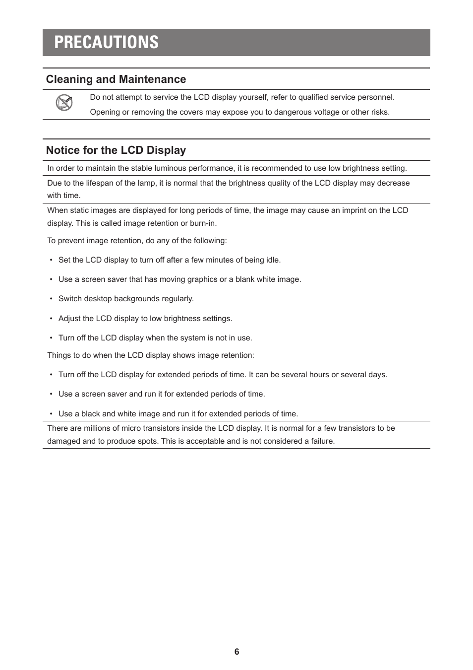 Precautions, Cleaning and maintenance, Notice for the lcd display | AG Neovo LA-27 27" 16:9 Eye-Care VA Monitor User Manual | Page 6 / 32