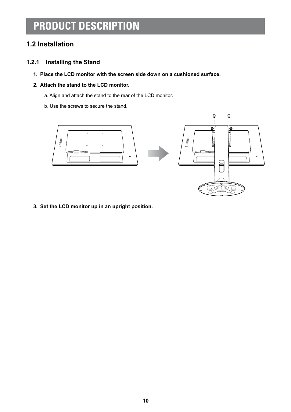 2 installation, 1 installing the stand, Product description | AG Neovo MD-2402 24" Full HD Clinical Review Monitor User Manual | Page 10 / 36