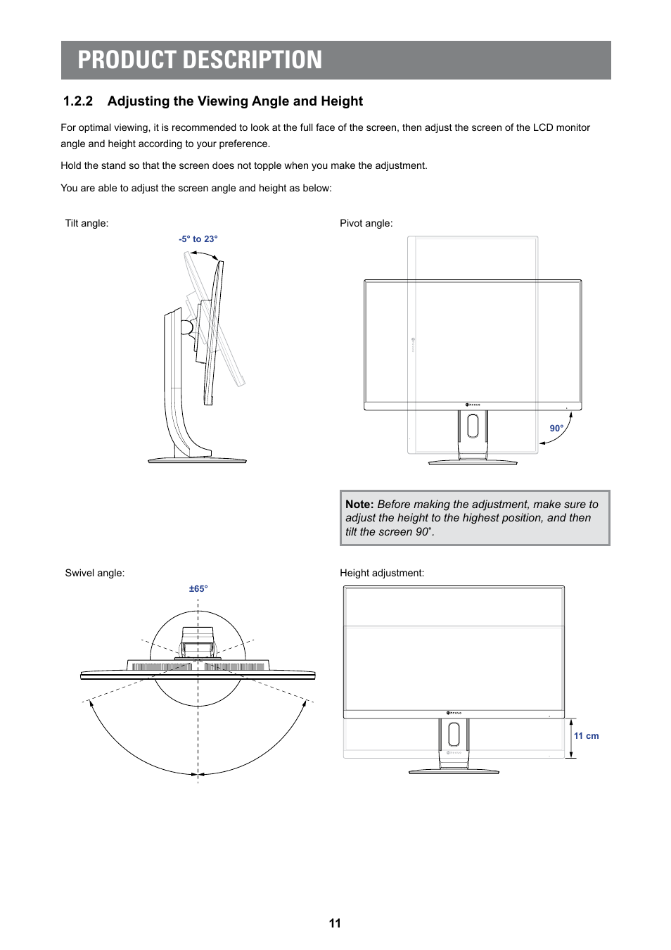 2 adjusting the viewing angle and height, Product description | AG Neovo MD-2402 24" Full HD Clinical Review Monitor User Manual | Page 11 / 36