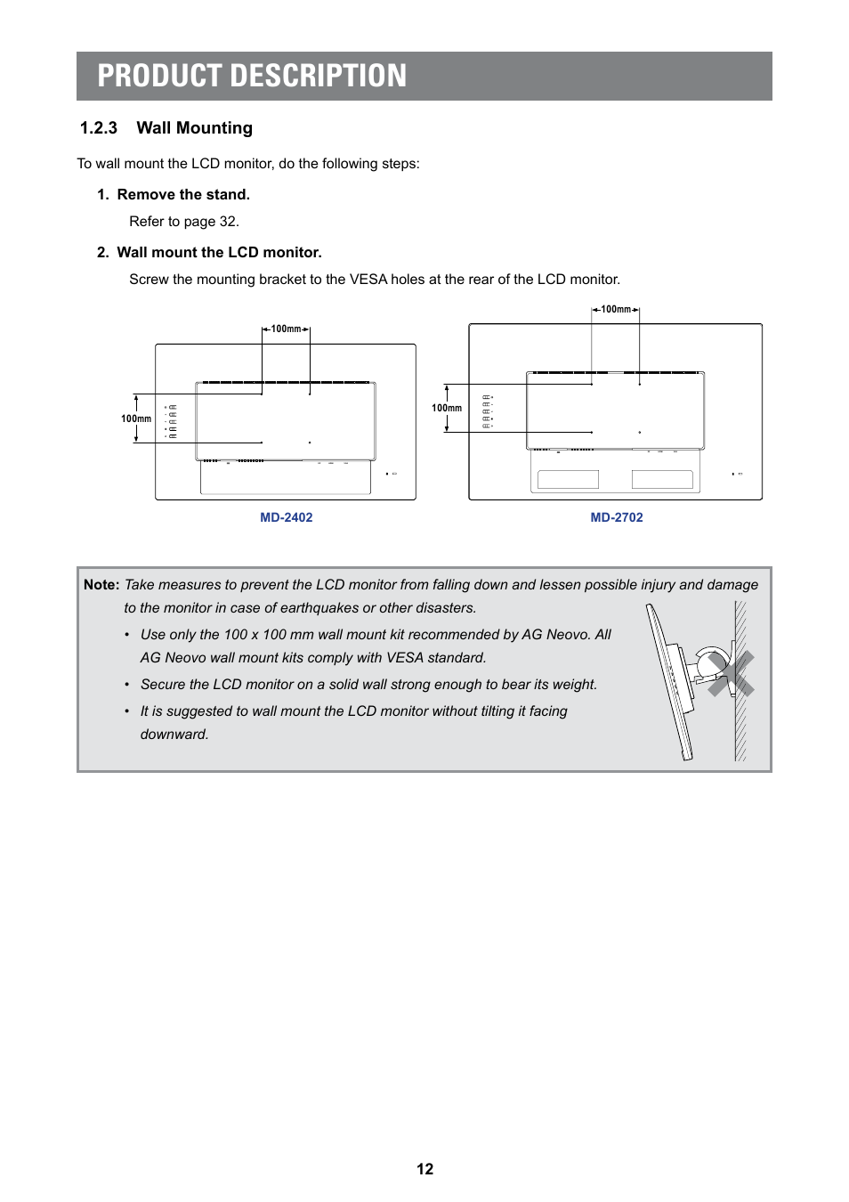 3 wall mounting, Product description | AG Neovo MD-2402 24" Full HD Clinical Review Monitor User Manual | Page 12 / 36