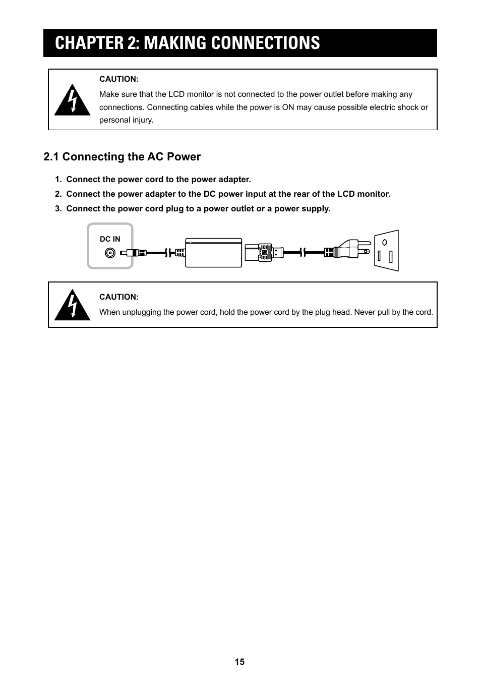 Chapter 2: making connections, 1 connecting the ac power | AG Neovo MD-2402 24" Full HD Clinical Review Monitor User Manual | Page 15 / 36