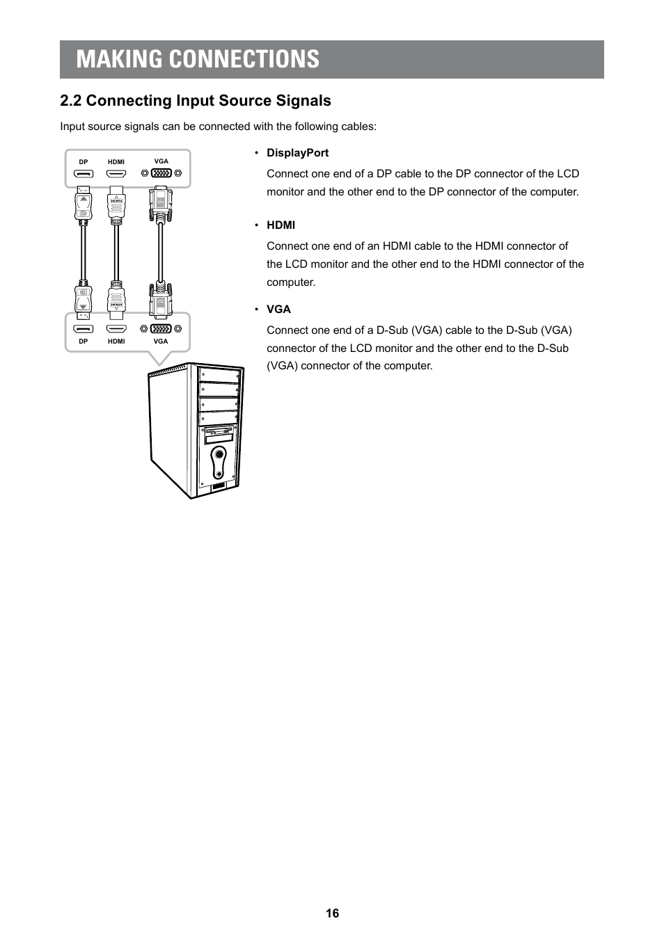 2 connecting input source signals, Making connections | AG Neovo MD-2402 24" Full HD Clinical Review Monitor User Manual | Page 16 / 36