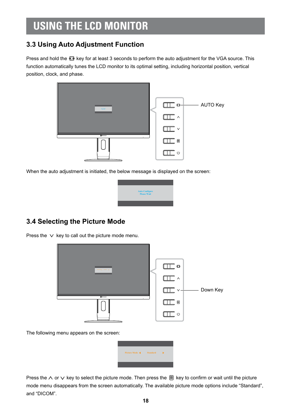 Using the lcd monitor, 3 using auto adjustment function, 4 selecting the picture mode | AG Neovo MD-2402 24" Full HD Clinical Review Monitor User Manual | Page 18 / 36