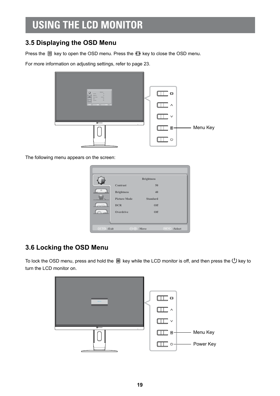 5 displaying the osd menu 3.6 locking the osd menu, Using the lcd monitor, 5 displaying the osd menu | 6 locking the osd menu, Menu key the following menu appears on the screen, Menu key power key | AG Neovo MD-2402 24" Full HD Clinical Review Monitor User Manual | Page 19 / 36