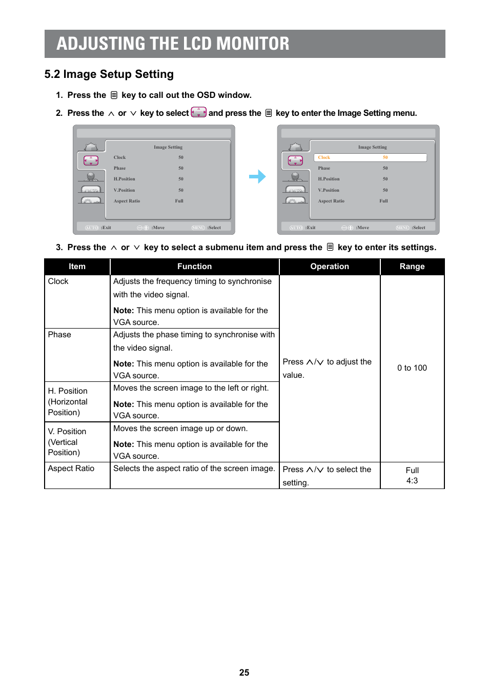 2 image setup setting, Adjusting the lcd monitor | AG Neovo MD-2402 24" Full HD Clinical Review Monitor User Manual | Page 25 / 36