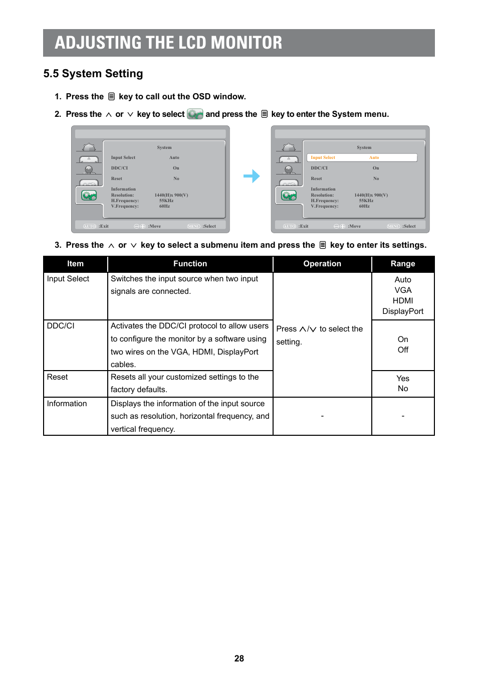 5 system setting, Adjusting the lcd monitor | AG Neovo MD-2402 24" Full HD Clinical Review Monitor User Manual | Page 28 / 36