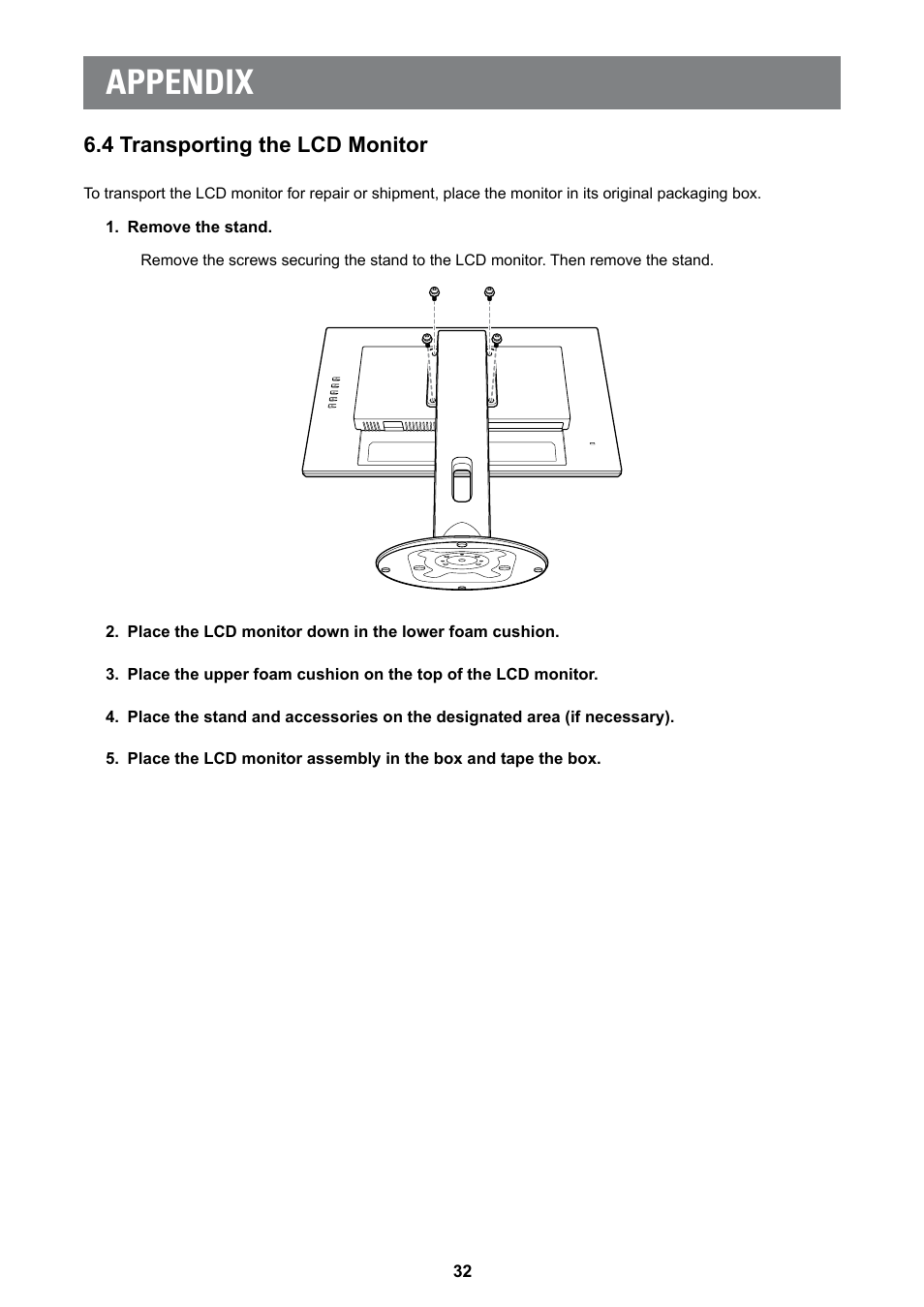 4 transporting the lcd monitor, Appendix | AG Neovo MD-2402 24" Full HD Clinical Review Monitor User Manual | Page 32 / 36