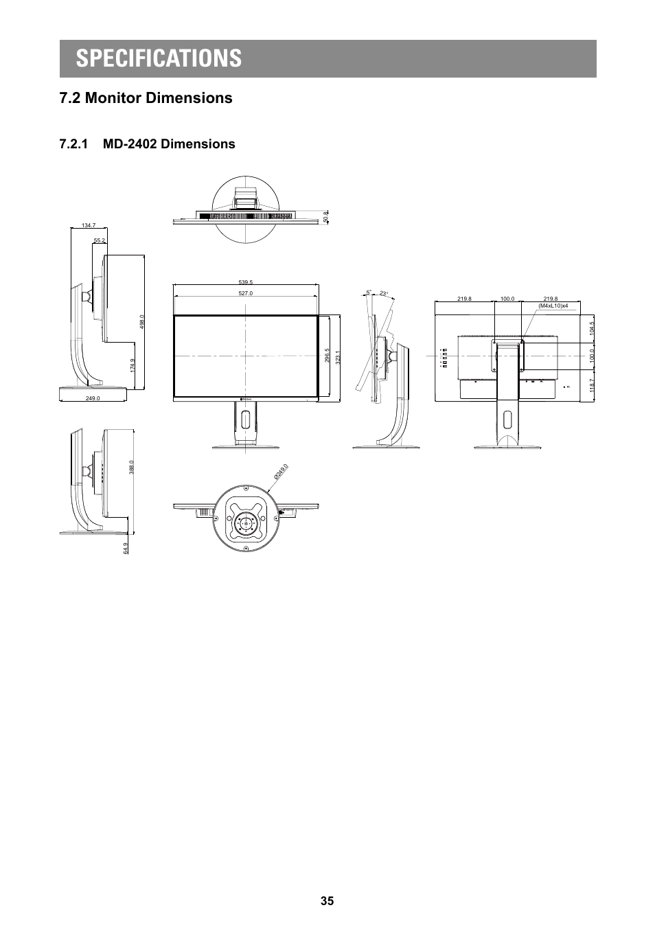 2 monitor dimensions, 1 md-2402 dimensions, Specifications | AG Neovo MD-2402 24" Full HD Clinical Review Monitor User Manual | Page 35 / 36