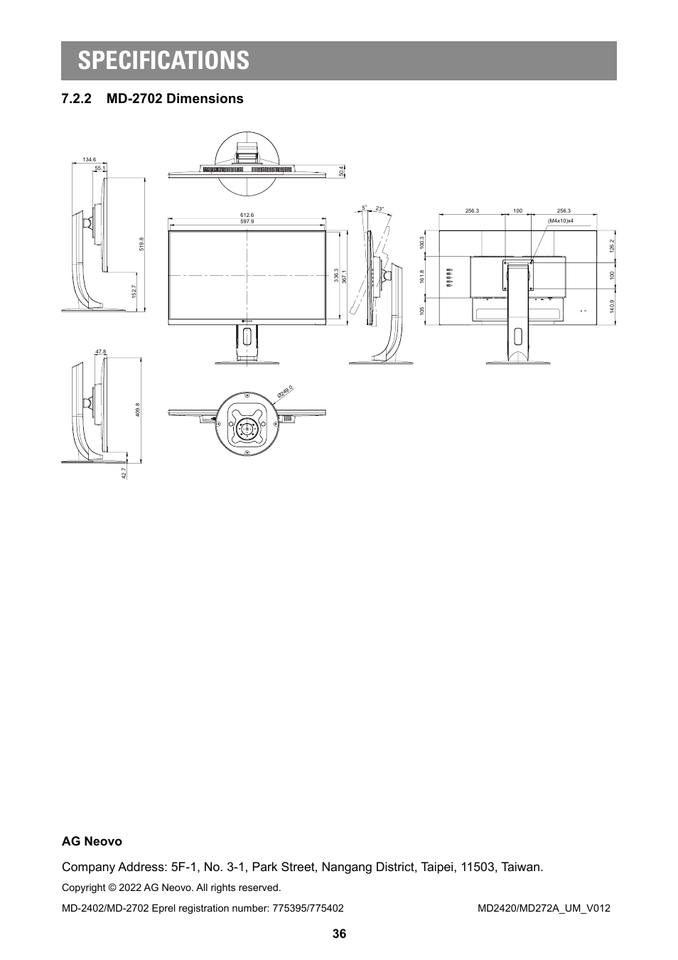 2 md-2702 dimensions, Specifications | AG Neovo MD-2402 24" Full HD Clinical Review Monitor User Manual | Page 36 / 36