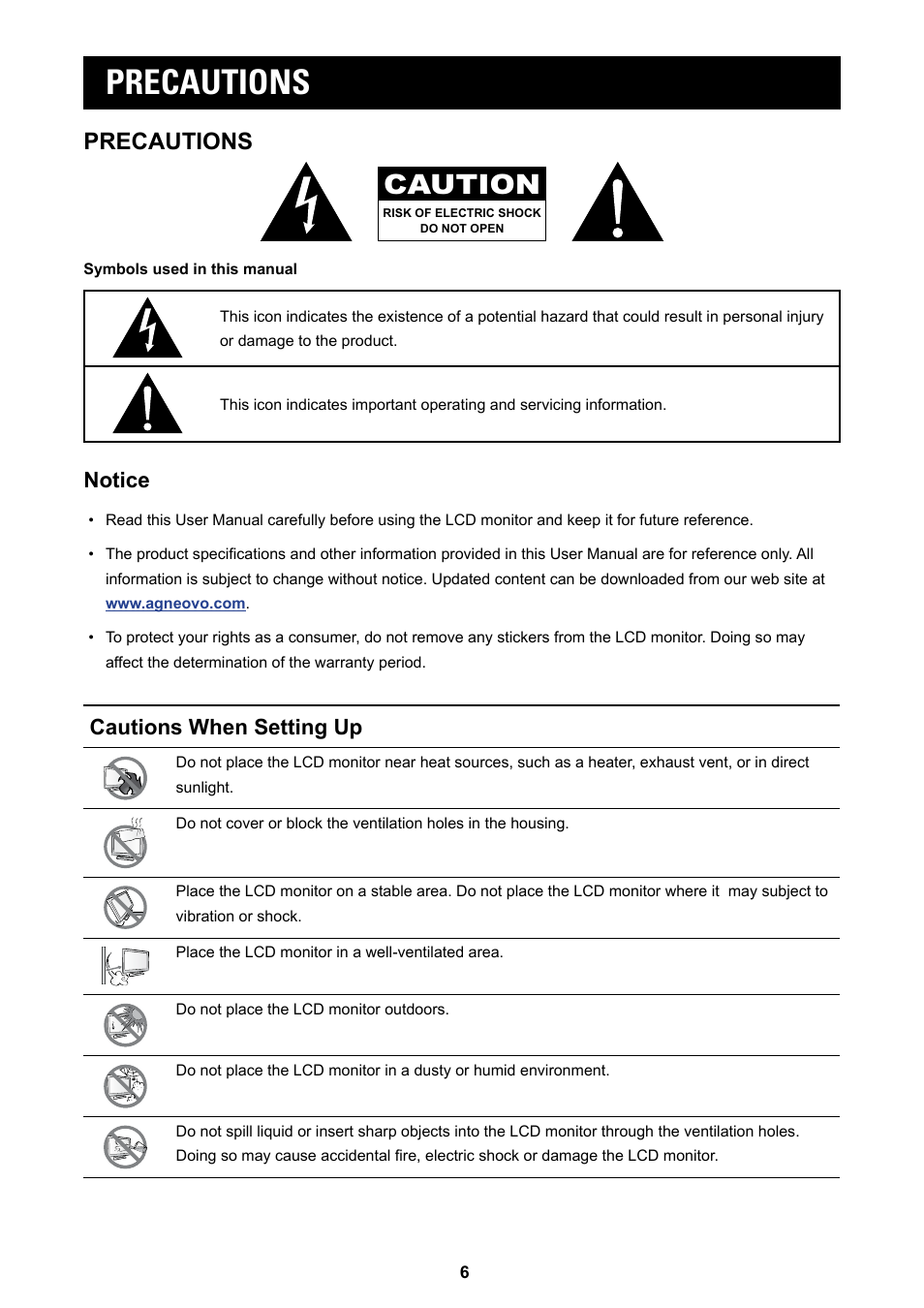 Precautions, Notice cautions when setting up, Caution | Notice, Cautions when setting up | AG Neovo MD-2402 24" Full HD Clinical Review Monitor User Manual | Page 6 / 36