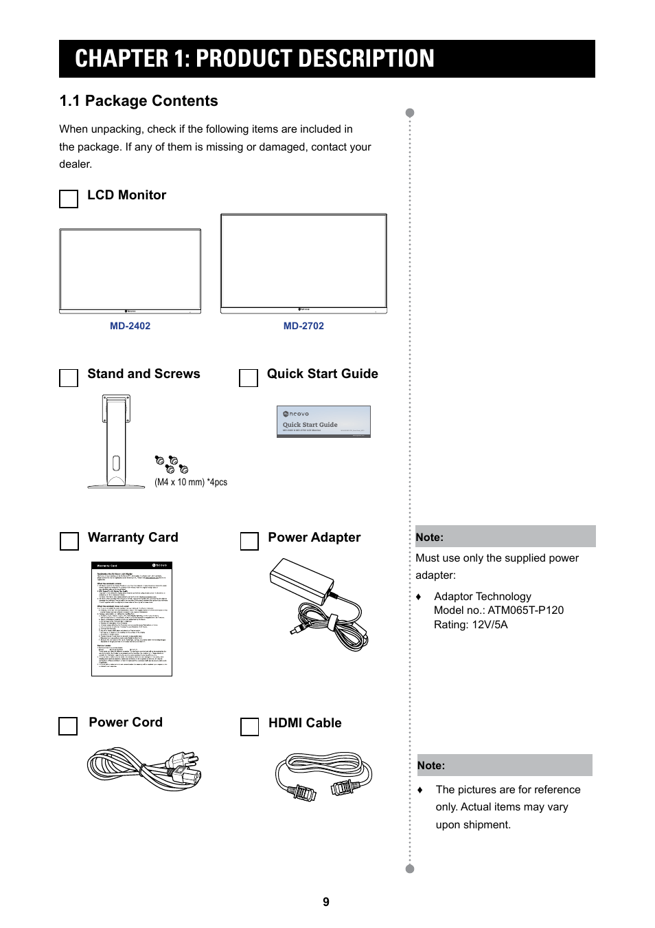 Chapter 1: product description, 1 package contents | AG Neovo MD-2402 24" Full HD Clinical Review Monitor User Manual | Page 9 / 36