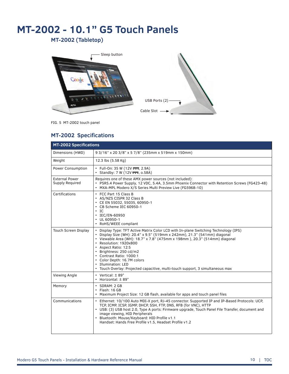 Mt-2002 - 10.1” g5 touch panels, Mt-2002 (tabletop), Mt-2002 specifications | AMX MT-1002 Modero G5 Tabletop 10.1" Multi-Touch Panel User Manual | Page 10 / 34