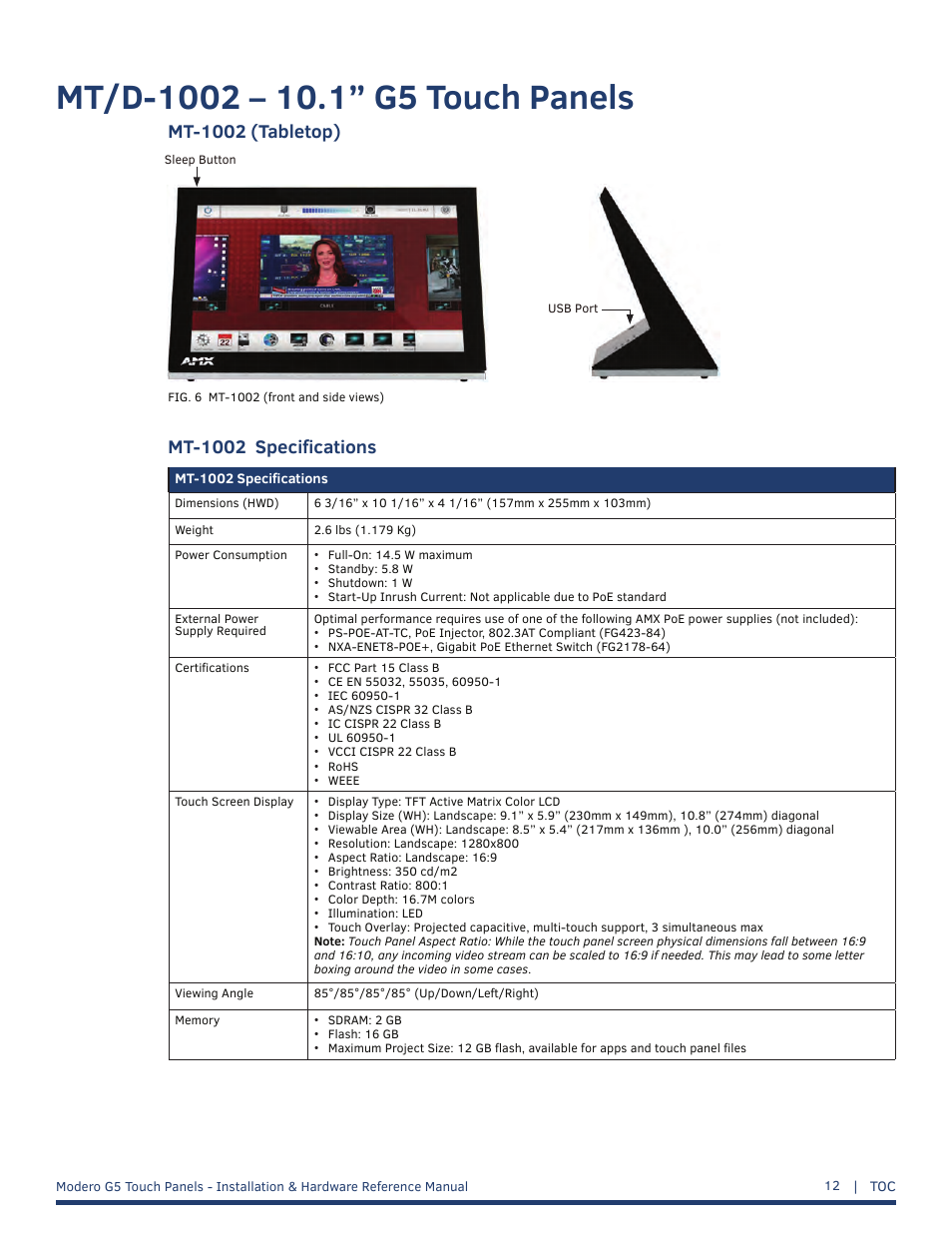 Mt/d-1002 – 10.1” g5 touch panels, Mt-1002 (tabletop), Mt-1002 specifications | AMX MT-1002 Modero G5 Tabletop 10.1" Multi-Touch Panel User Manual | Page 12 / 34