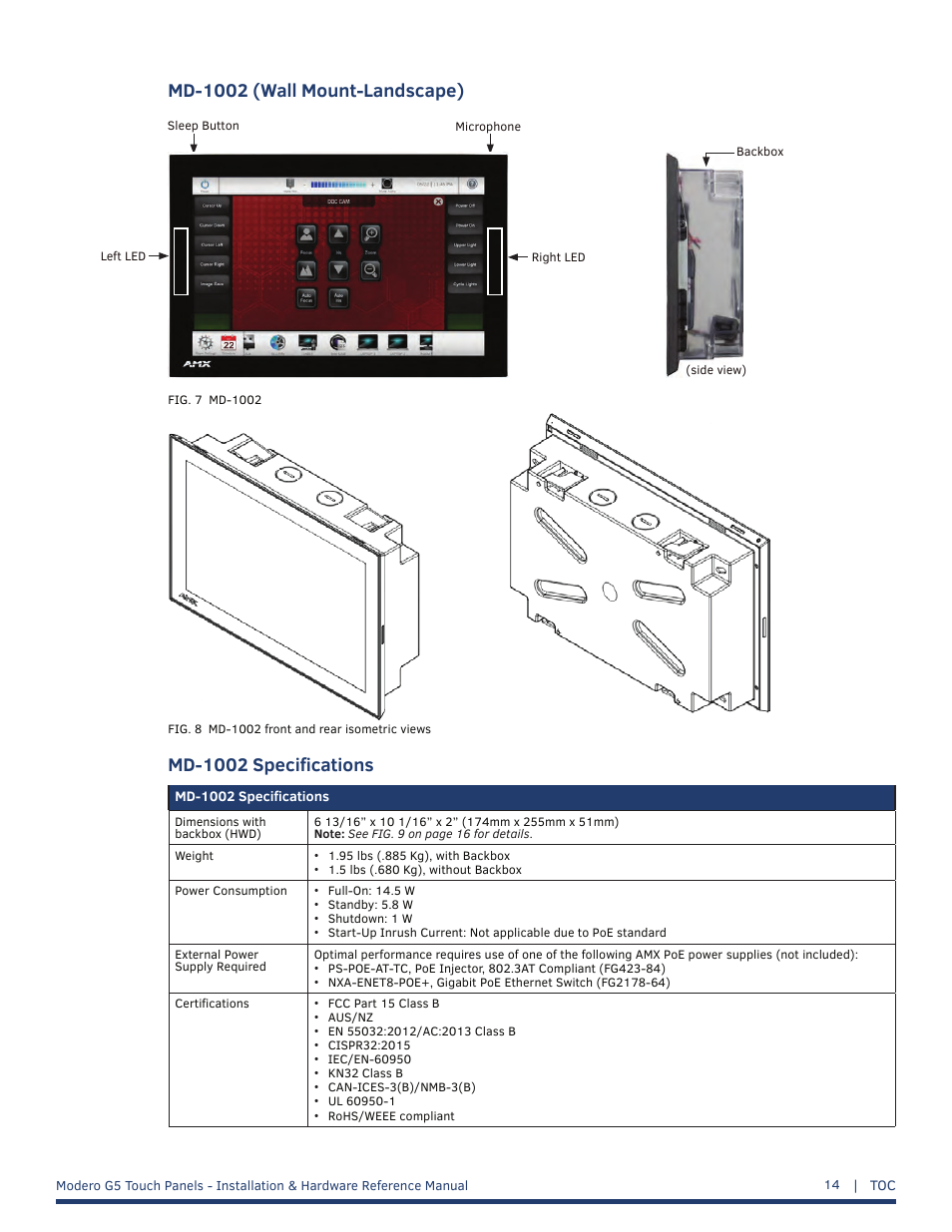 Md-1002 (wall mount-landscape), Md-1002 specifications | AMX MT-1002 Modero G5 Tabletop 10.1" Multi-Touch Panel User Manual | Page 14 / 34
