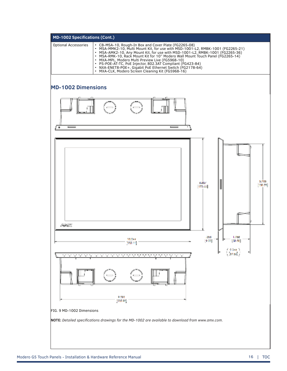 Md-1002 dimensions | AMX MT-1002 Modero G5 Tabletop 10.1" Multi-Touch Panel User Manual | Page 16 / 34