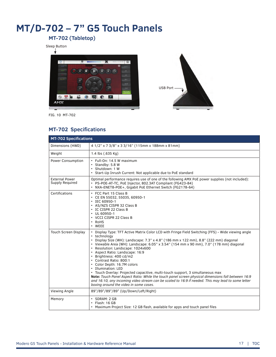 Mt/d-702 – 7” g5 touch panels, Mt-702 (tabletop), Mt-702 specifications | AMX MT-1002 Modero G5 Tabletop 10.1" Multi-Touch Panel User Manual | Page 17 / 34