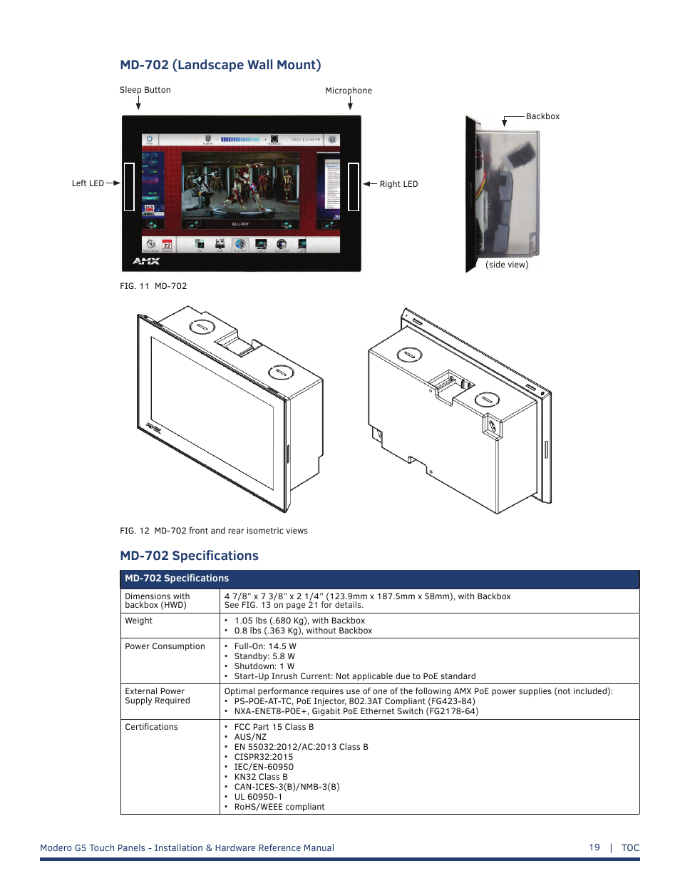 Md-702 (landscape wall mount), Md-702 specifications | AMX MT-1002 Modero G5 Tabletop 10.1" Multi-Touch Panel User Manual | Page 19 / 34