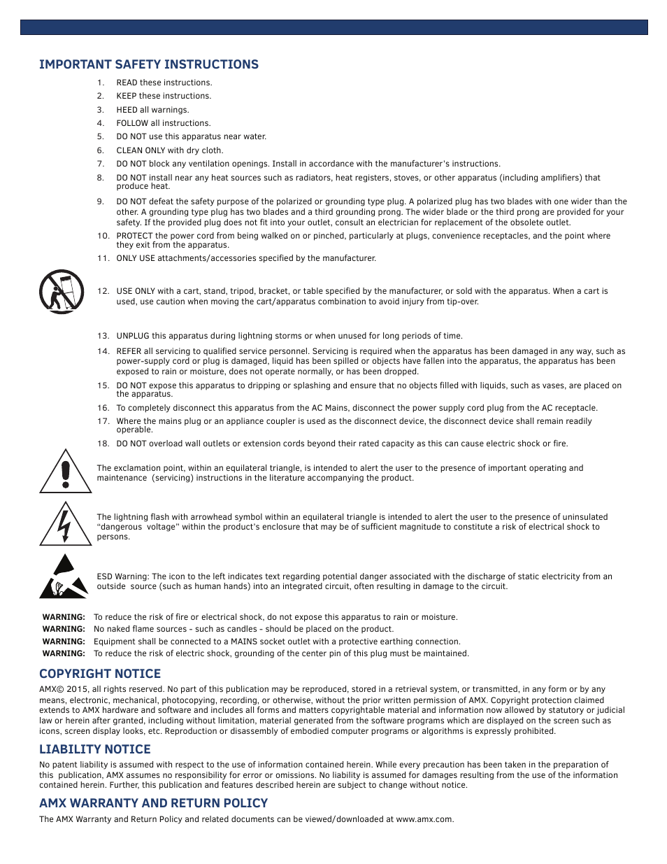 Important safety instructions, Copyright notice, Liability notice | Amx warranty and return policy | AMX MT-1002 Modero G5 Tabletop 10.1" Multi-Touch Panel User Manual | Page 2 / 34