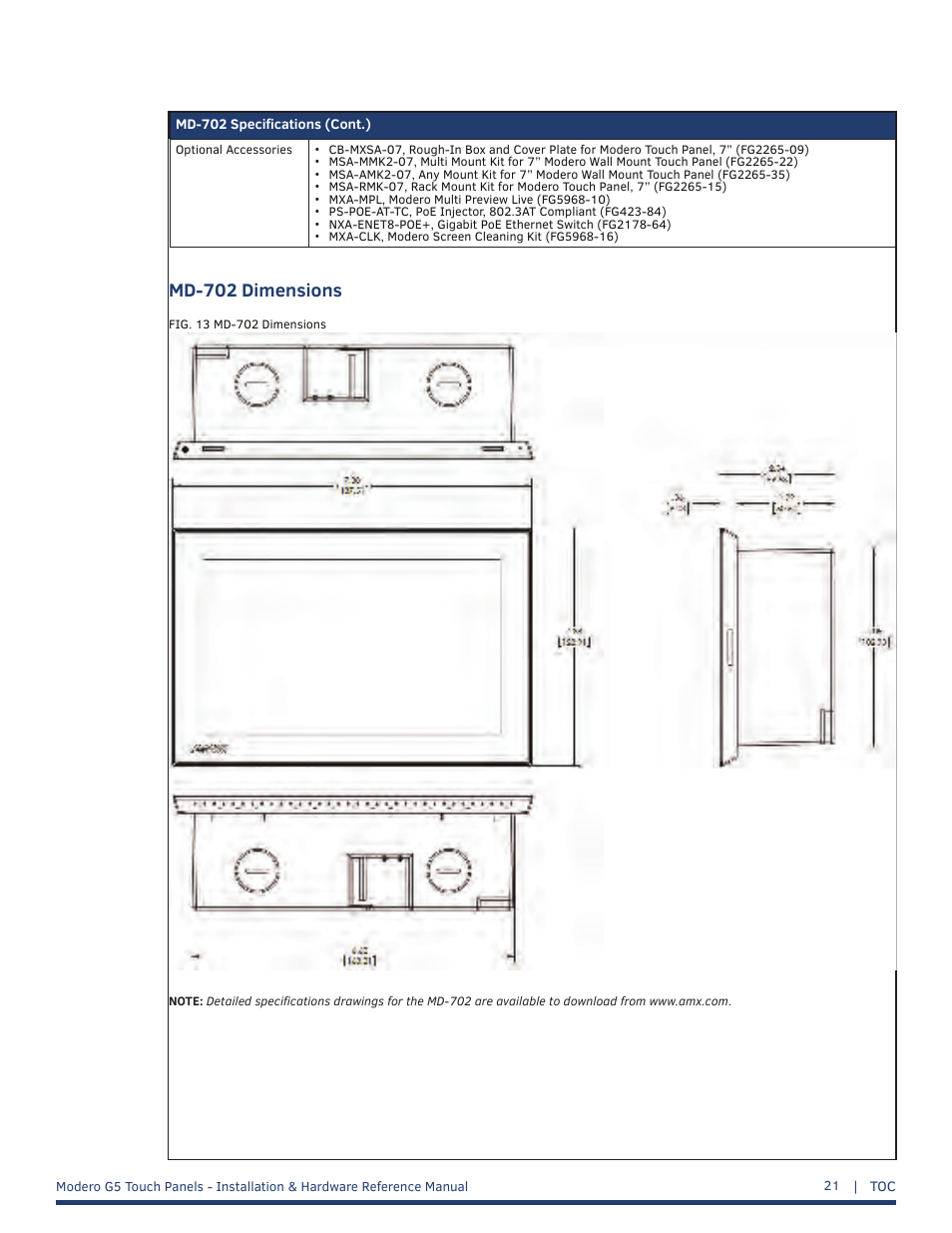 Md-702 dimensions | AMX MT-1002 Modero G5 Tabletop 10.1" Multi-Touch Panel User Manual | Page 21 / 34
