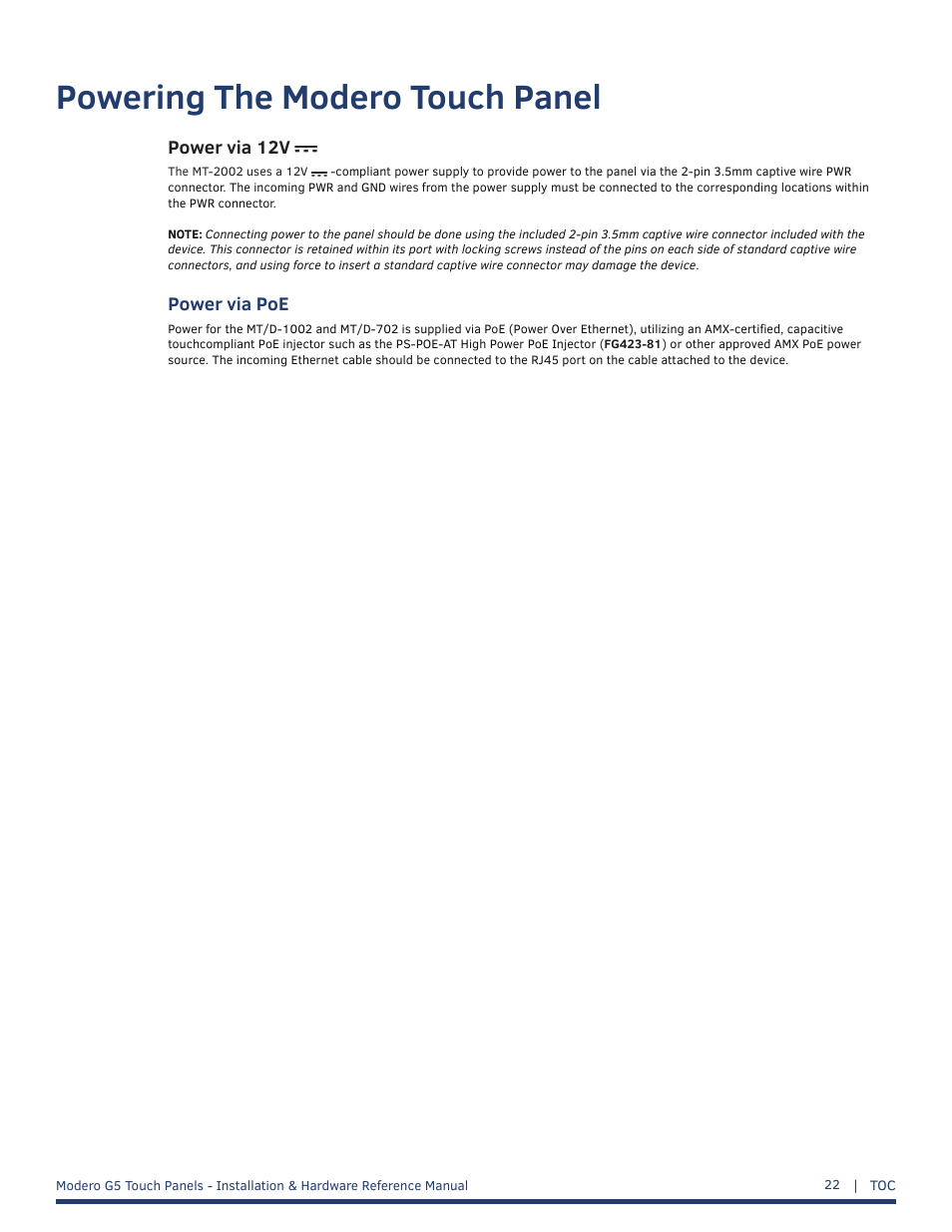 Powering the modero touch panel, Power via 12v, Power via poe | AMX MT-1002 Modero G5 Tabletop 10.1" Multi-Touch Panel User Manual | Page 22 / 34
