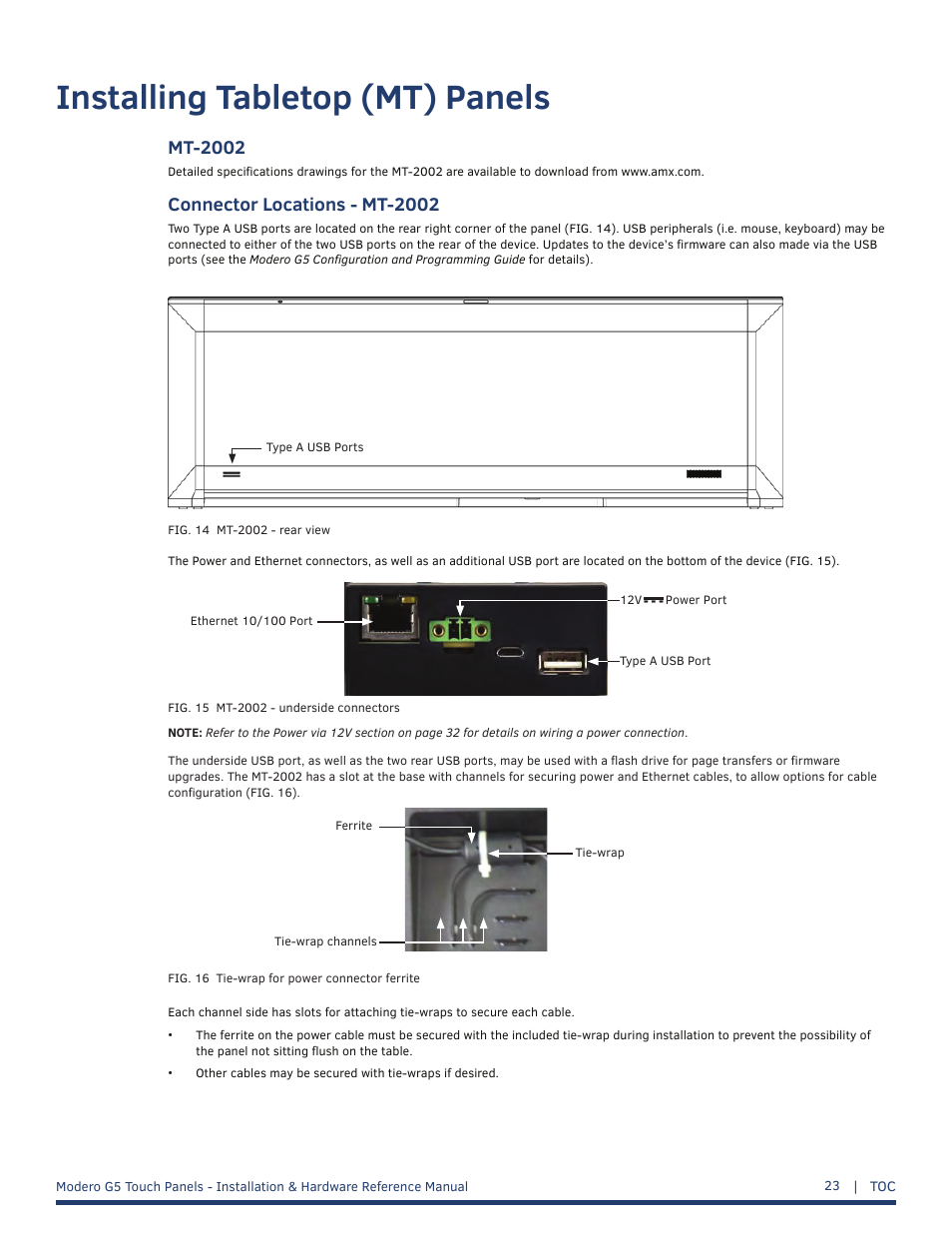 Installing tabletop (mt) panels, Mt-2002, Connector locations - mt-2002 | AMX MT-1002 Modero G5 Tabletop 10.1" Multi-Touch Panel User Manual | Page 23 / 34