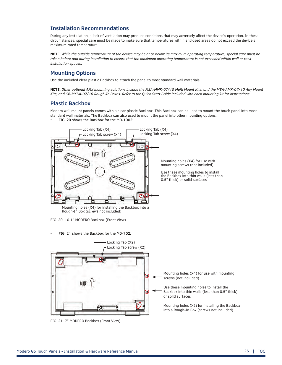 Installation recommendations, Mounting options, Plastic backbox | AMX MT-1002 Modero G5 Tabletop 10.1" Multi-Touch Panel User Manual | Page 26 / 34