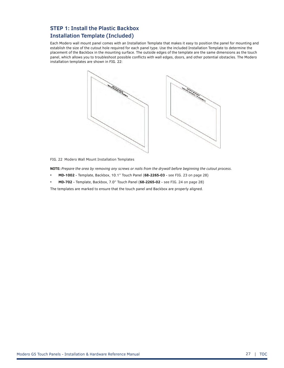 Step 1: install the plastic backbox, Installation template (included) | AMX MT-1002 Modero G5 Tabletop 10.1" Multi-Touch Panel User Manual | Page 27 / 34