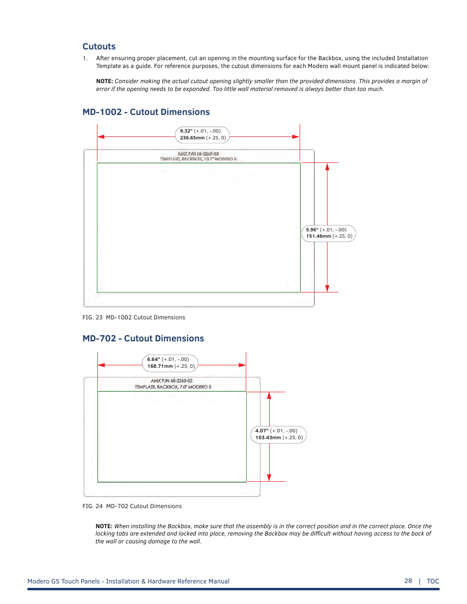 Cutouts, Md-1002 - cutout dimensions, Md-702 - cutout dimensions | AMX MT-1002 Modero G5 Tabletop 10.1" Multi-Touch Panel User Manual | Page 28 / 34