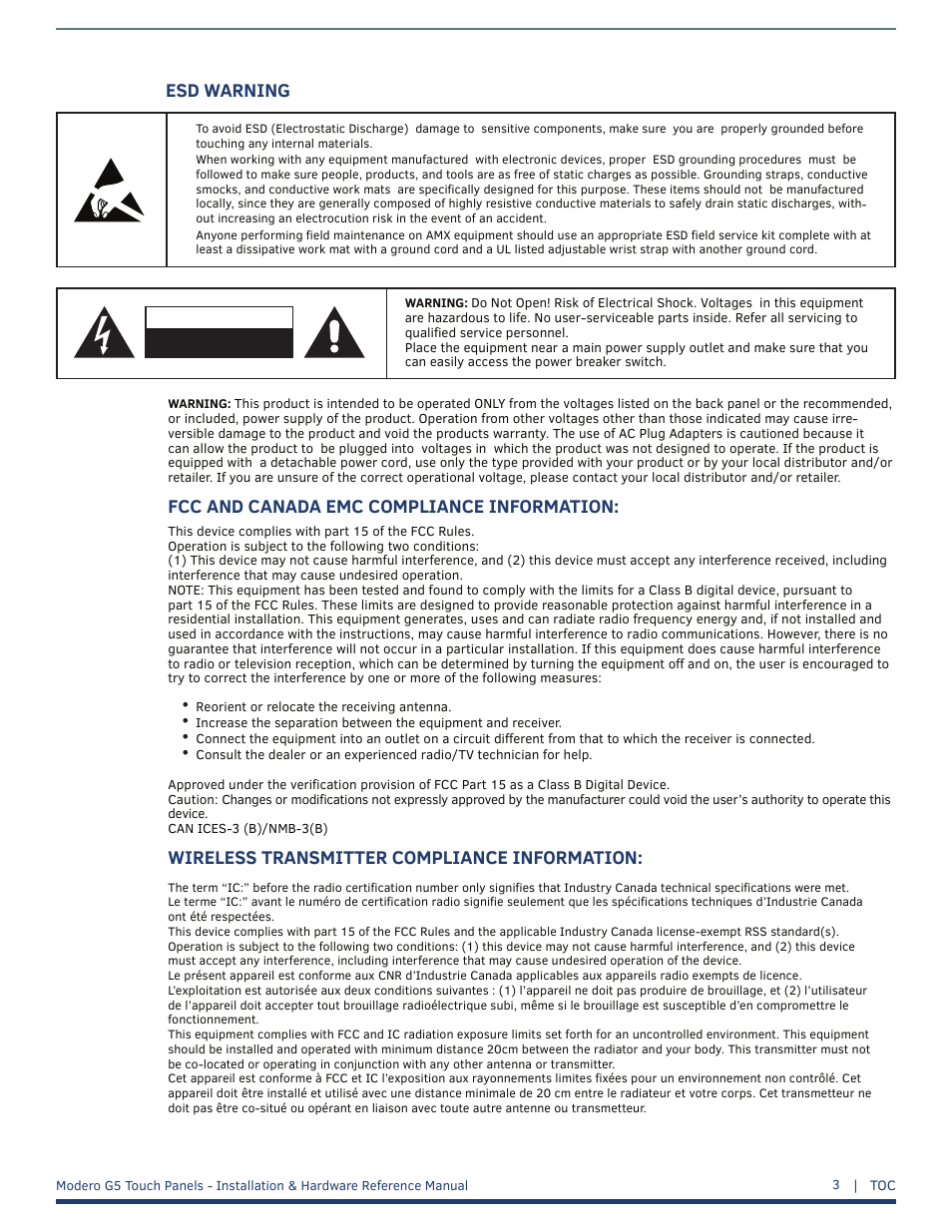 Esd warning, Fcc and canada emc compliance information, Wireless transmitter compliance information | AMX MT-1002 Modero G5 Tabletop 10.1" Multi-Touch Panel User Manual | Page 3 / 34