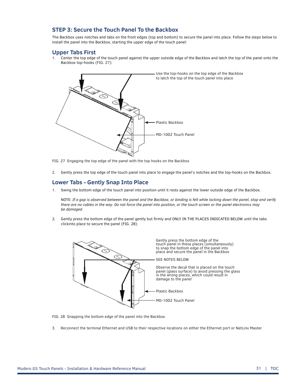 Step 3: secure the touch panel to the backbox, Lower tabs - gently snap into place, Upper tabs first | AMX MT-1002 Modero G5 Tabletop 10.1" Multi-Touch Panel User Manual | Page 31 / 34