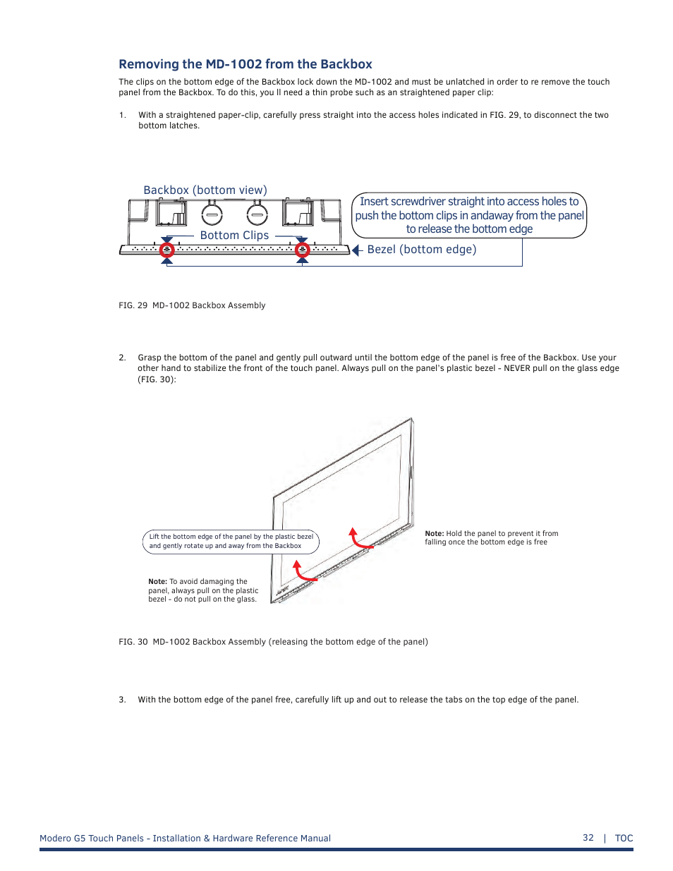 Removing the md-1002 from the backbox | AMX MT-1002 Modero G5 Tabletop 10.1" Multi-Touch Panel User Manual | Page 32 / 34
