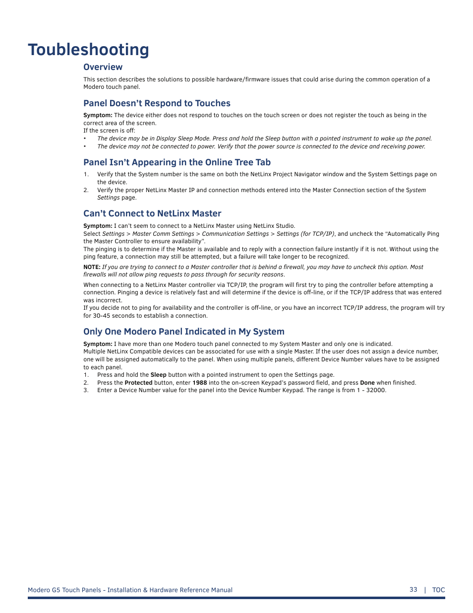 Toubleshooting, Overview, Panel doesn’t respond to touches | Panel isn’t appearing in the online tree tab, Can’t connect to netlinx master, Only one modero panel indicated in my system | AMX MT-1002 Modero G5 Tabletop 10.1" Multi-Touch Panel User Manual | Page 33 / 34