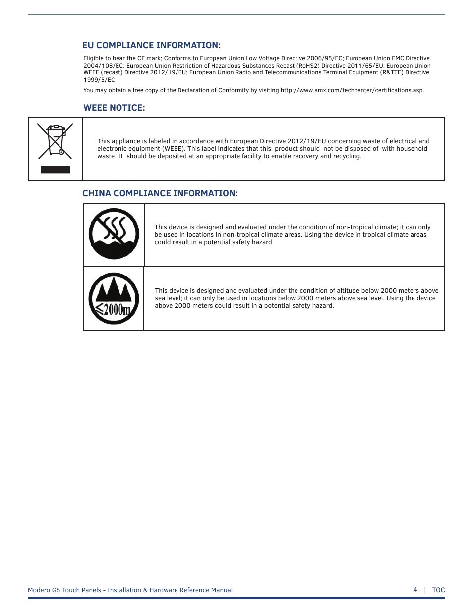 Eu compliance information, Weee notice, China compliance information | AMX MT-1002 Modero G5 Tabletop 10.1" Multi-Touch Panel User Manual | Page 4 / 34