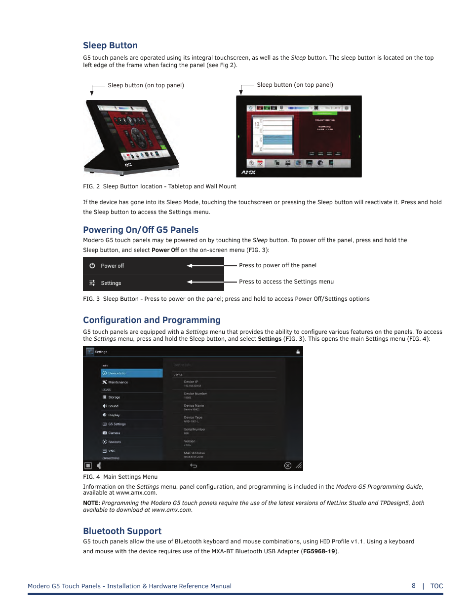 Sleep button, Powering on/off g5 panels, Configuration and programming | Bluetooth support | AMX MT-1002 Modero G5 Tabletop 10.1" Multi-Touch Panel User Manual | Page 8 / 34