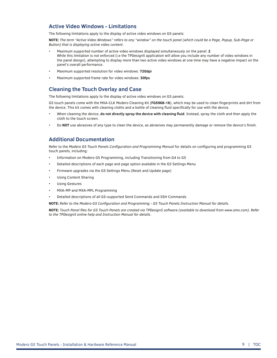 Active video windows - limitations, Cleaning the touch overlay and case, Additional documentation | AMX MT-1002 Modero G5 Tabletop 10.1" Multi-Touch Panel User Manual | Page 9 / 34