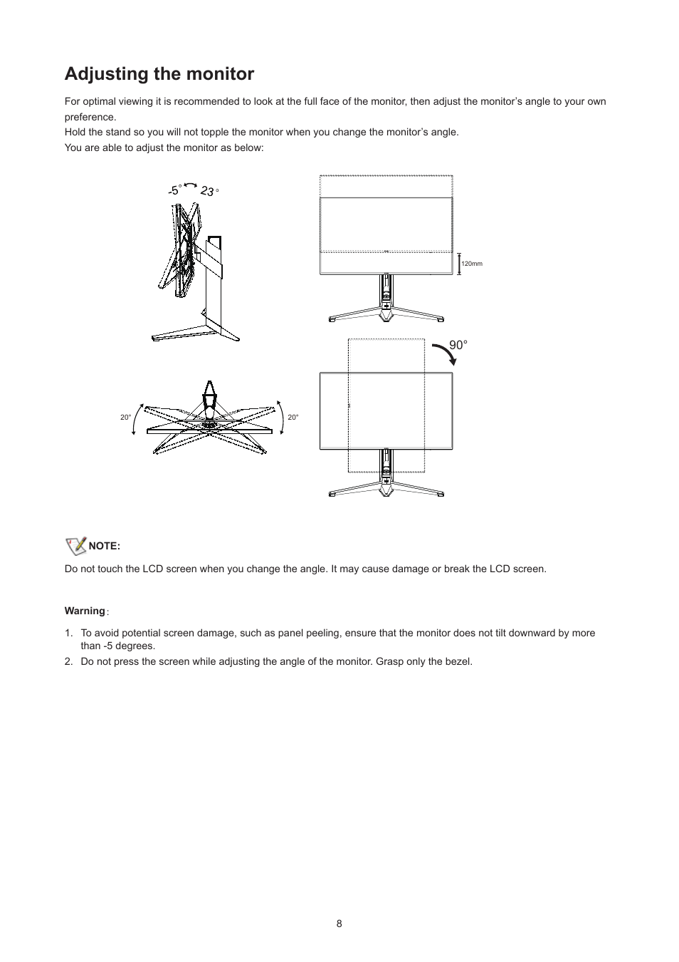 Adjusting the monitor | AOC AGON Pro AG274UXP 27" 4K HDR 144 Hz Gaming Monitor (Black and Red) User Manual | Page 10 / 34