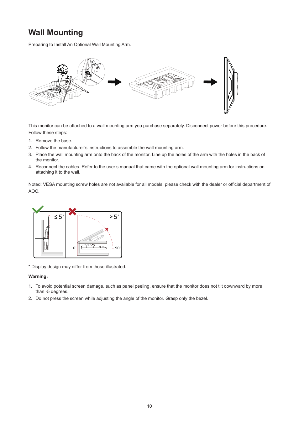 Wall mounting | AOC AGON Pro AG274UXP 27" 4K HDR 144 Hz Gaming Monitor (Black and Red) User Manual | Page 12 / 34