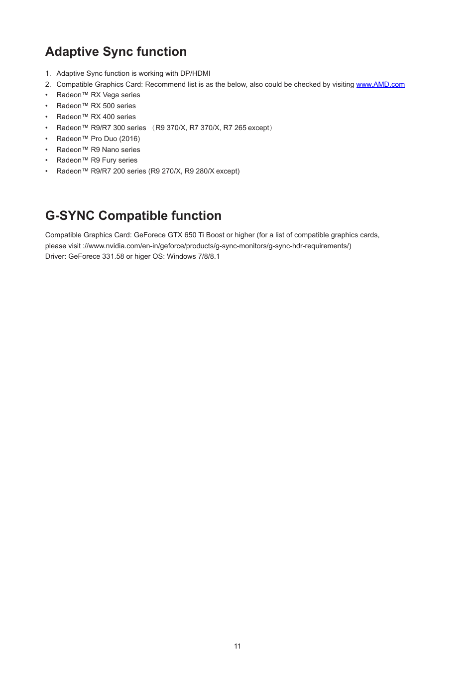 Adaptive sync function g-sync compatible function, Adaptive sync function, G-sync compatible function | AOC AGON Pro AG274UXP 27" 4K HDR 144 Hz Gaming Monitor (Black and Red) User Manual | Page 13 / 34