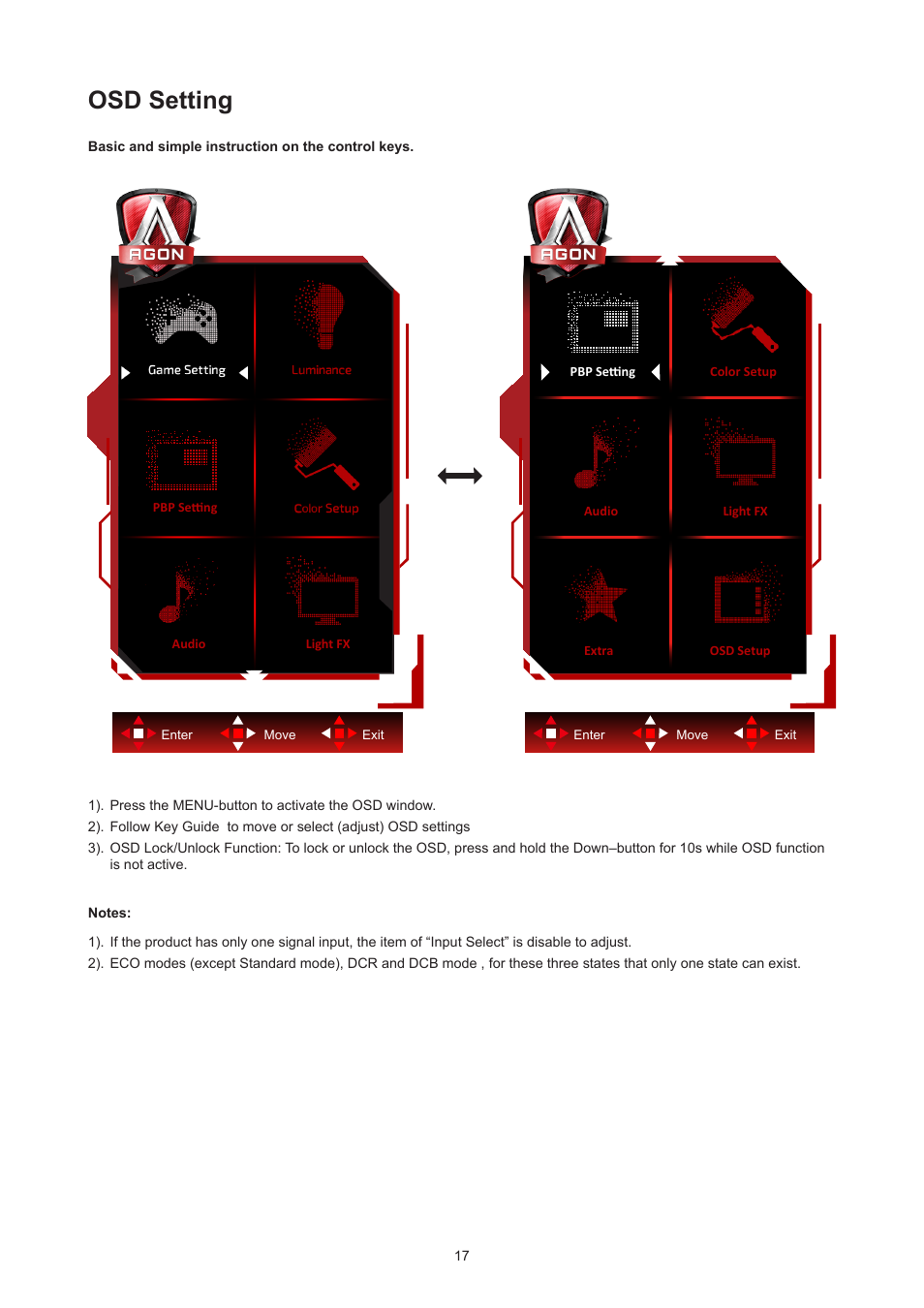 Osd setting | AOC AGON Pro AG274UXP 27" 4K HDR 144 Hz Gaming Monitor (Black and Red) User Manual | Page 19 / 34