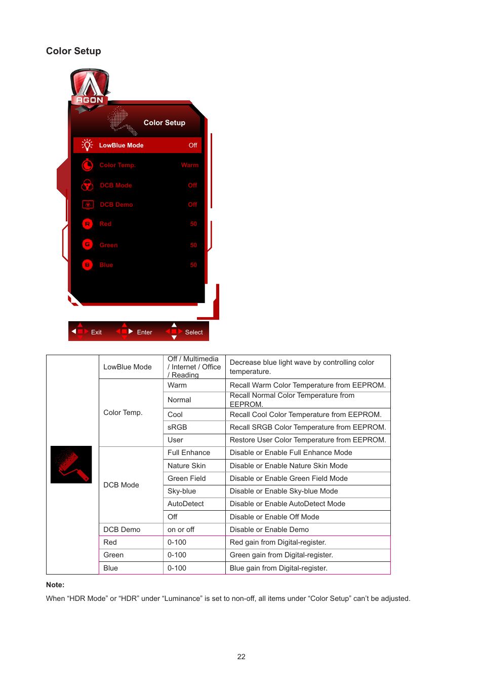 Color setup | AOC AGON Pro AG274UXP 27" 4K HDR 144 Hz Gaming Monitor (Black and Red) User Manual | Page 24 / 34