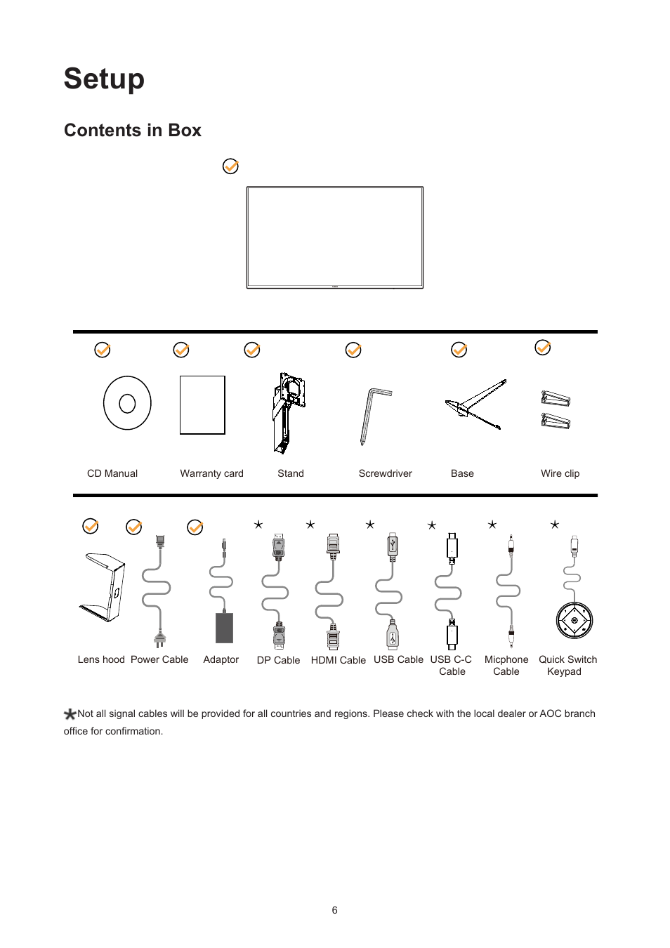 Setup, Contents in box | AOC AGON Pro AG274UXP 27" 4K HDR 144 Hz Gaming Monitor (Black and Red) User Manual | Page 8 / 34