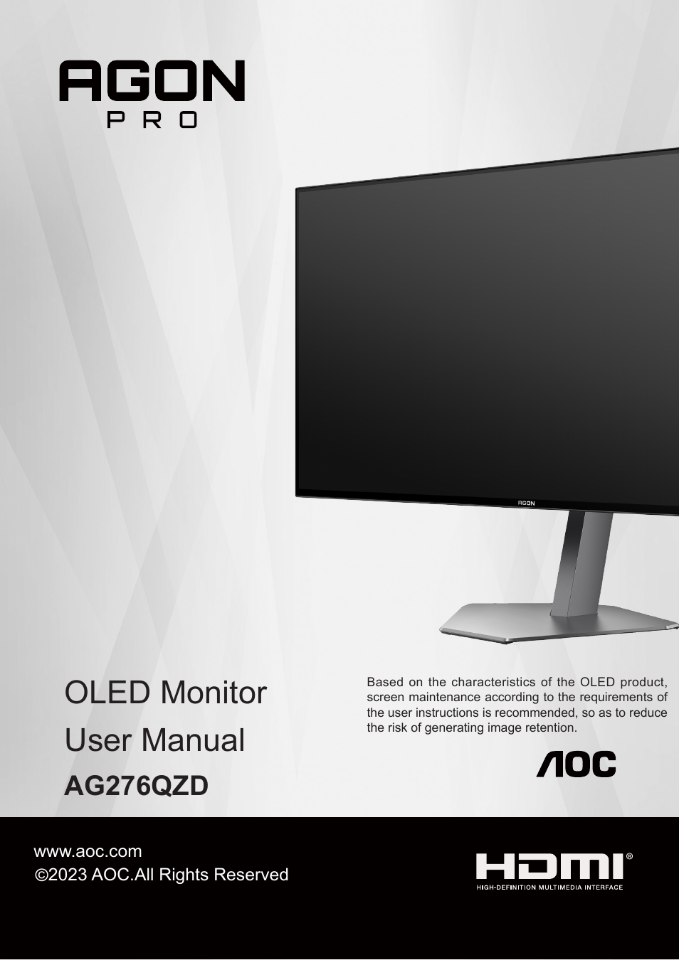 AOC AG276QZD 27" QHD 1440p 240 Hz Gaming Monitor User Manual | 38 pages