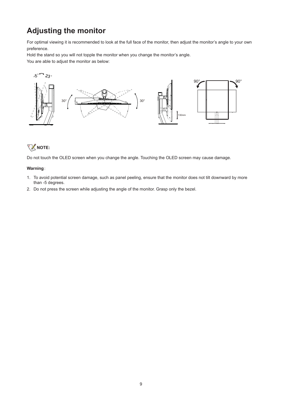 Adjusting the monitor | AOC AG276QZD 27" QHD 1440p 240 Hz Gaming Monitor User Manual | Page 11 / 38