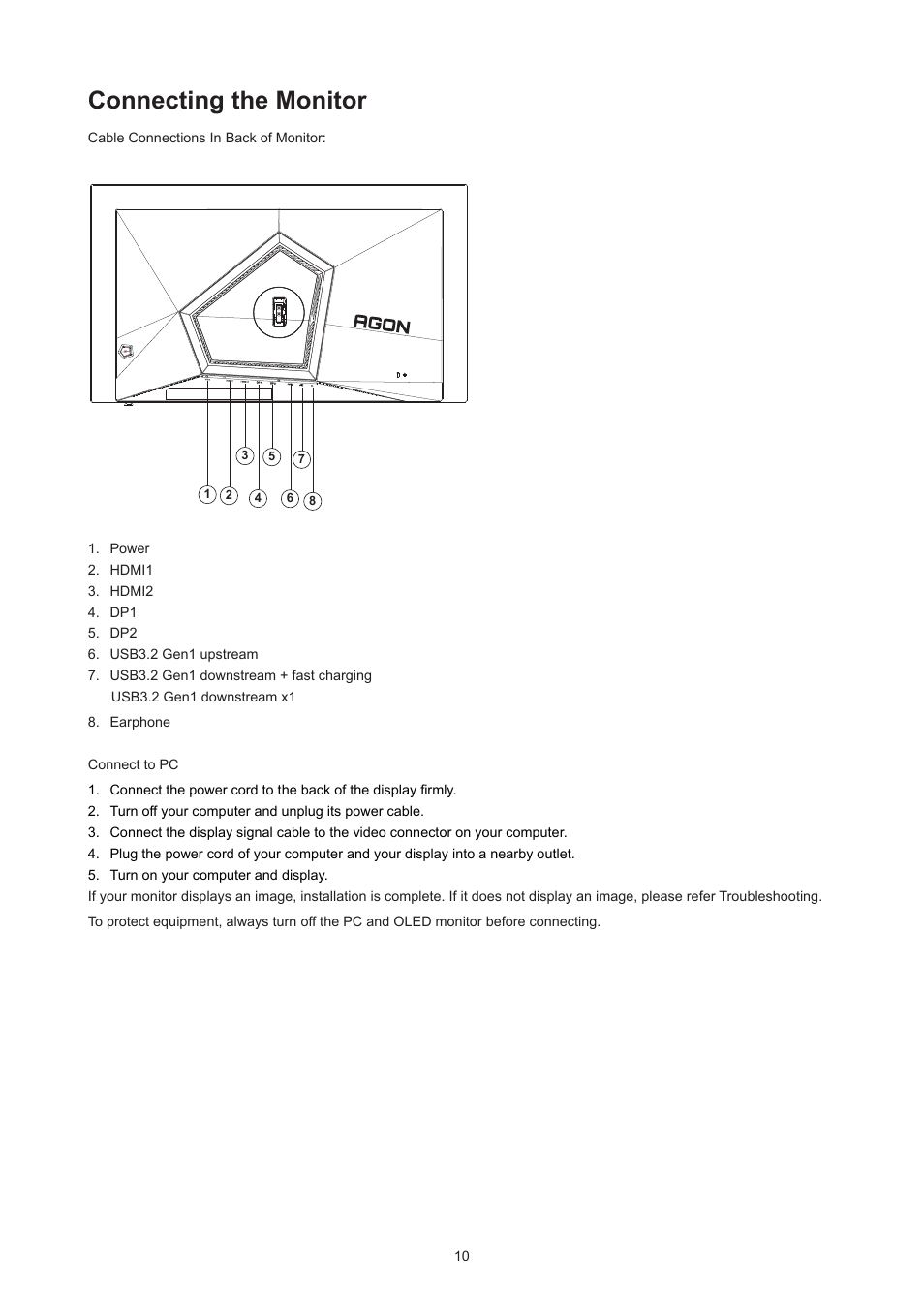 Connecting the monitor | AOC AG276QZD 27" QHD 1440p 240 Hz Gaming Monitor User Manual | Page 12 / 38