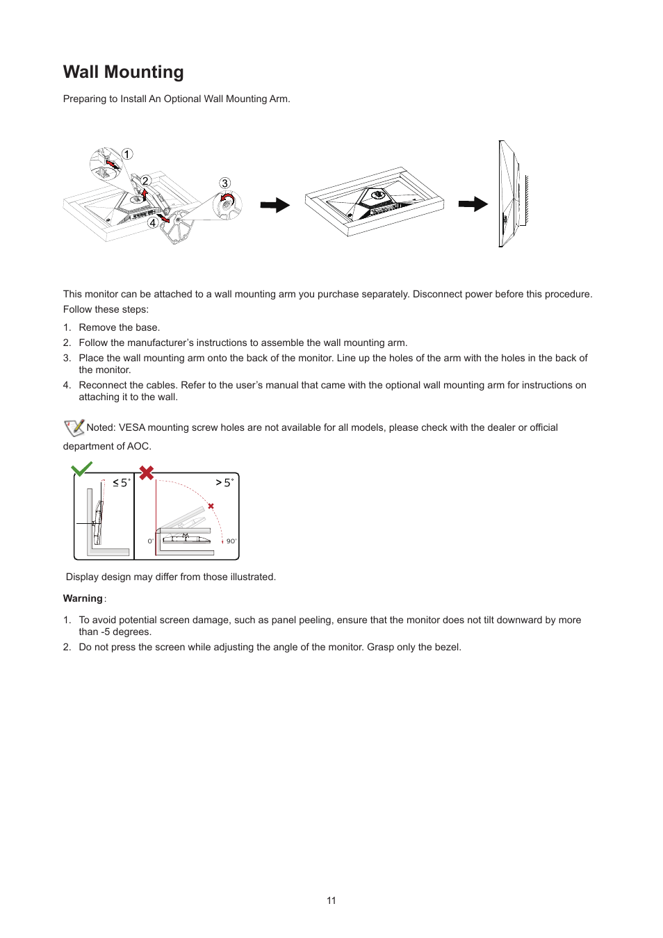 Wall mounting | AOC AG276QZD 27" QHD 1440p 240 Hz Gaming Monitor User Manual | Page 13 / 38