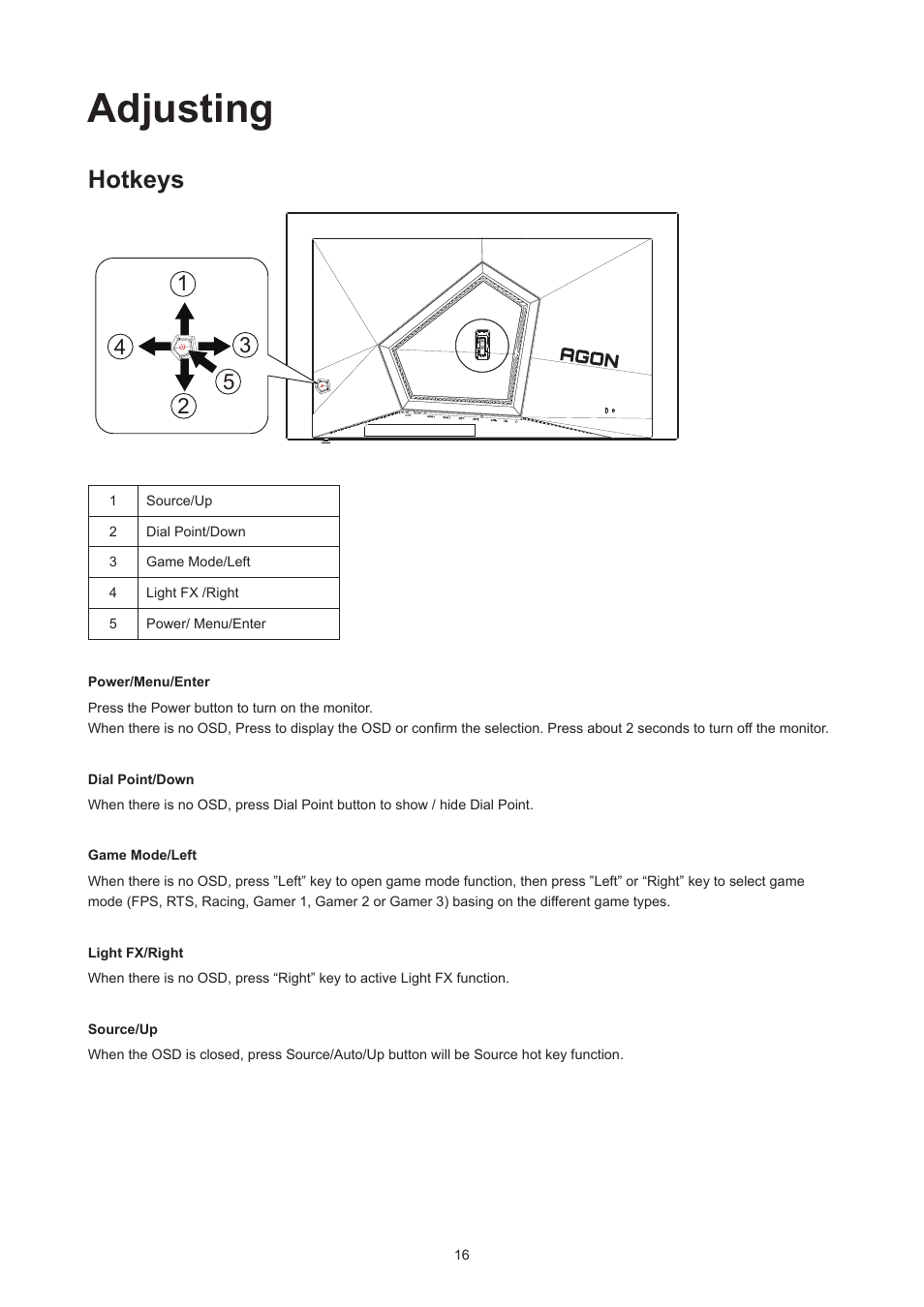 Adjusting, Hotkeys | AOC AG276QZD 27" QHD 1440p 240 Hz Gaming Monitor User Manual | Page 18 / 38
