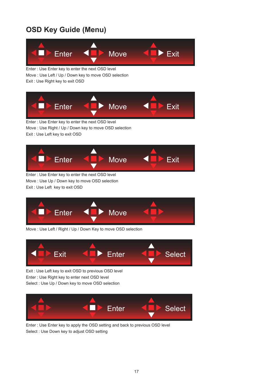 Osd key guide (menu), Enter move | AOC AG276QZD 27" QHD 1440p 240 Hz Gaming Monitor User Manual | Page 19 / 38